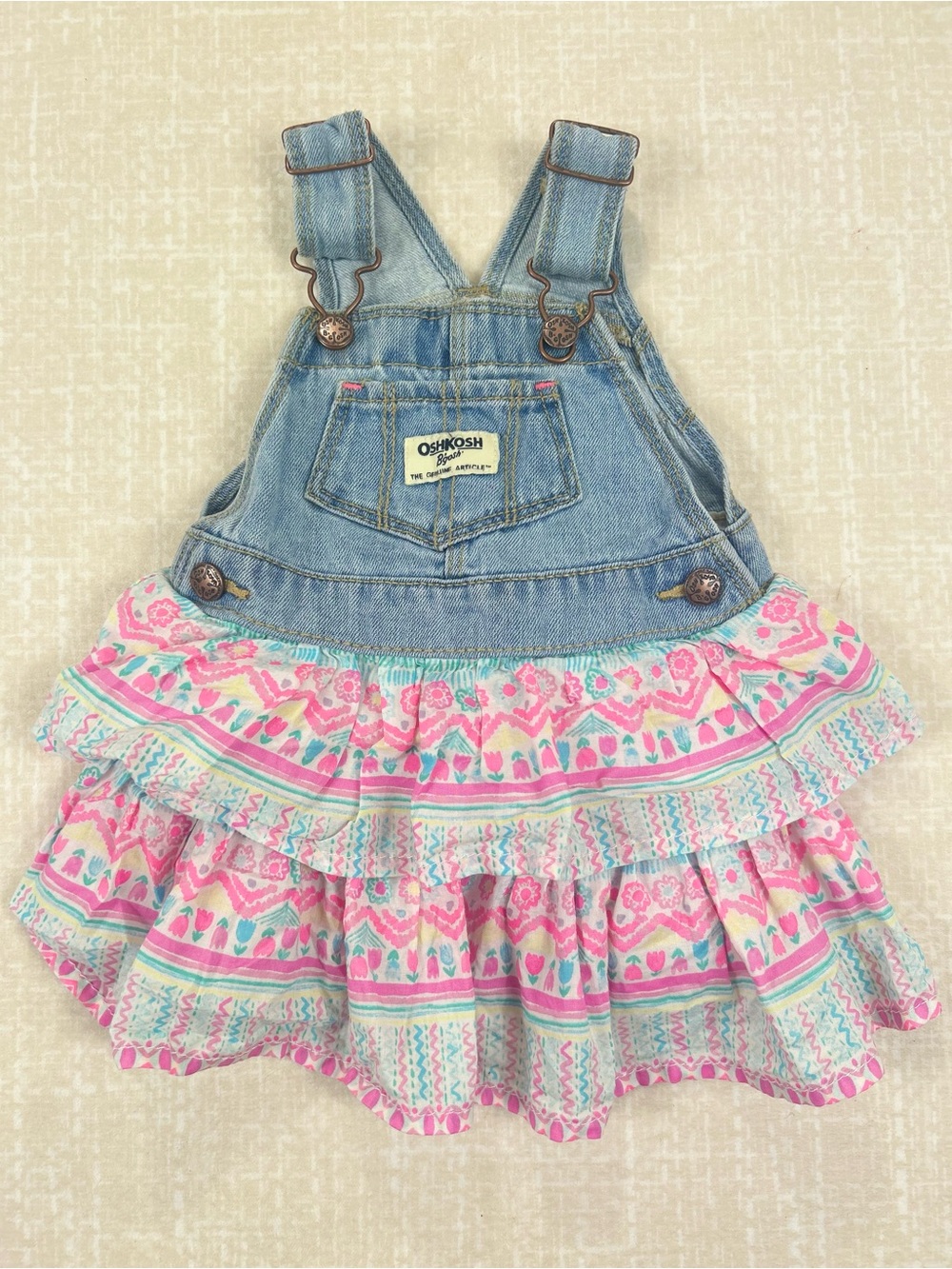 OshKosh B'gosh 9M Light Denim Overall Dress with Pink Patterned Tiered Skirt